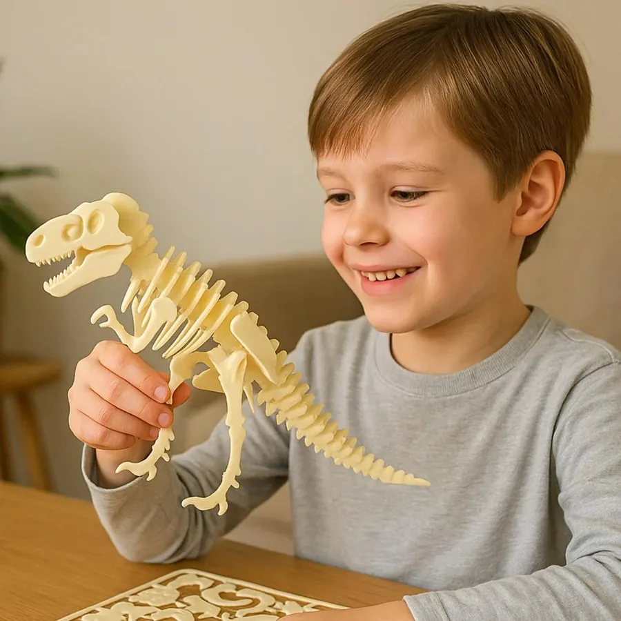 Chlapec skládá dřevěnou kostru dinosaura